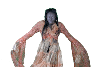 a woman in a long orange dress is standing in front of a white background
