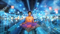 a woman is meditating in front of a city