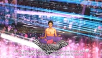 a girl in a purple shirt is sitting on top of a pillow